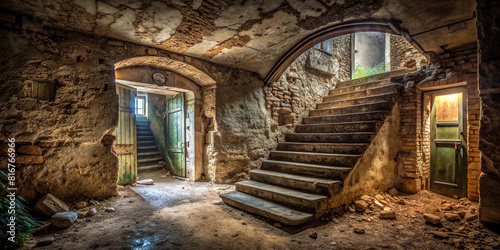 The desolate interior of the abandoned structure is pierced by ancient stone steps  leading downwards to an open basement door that promises a glimpse into the unknown