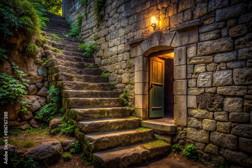 The ancient stone steps of the abandoned structure seem to whisper tales of the past  while the open basement door hints at secrets waiting to be discovered in the darkness within