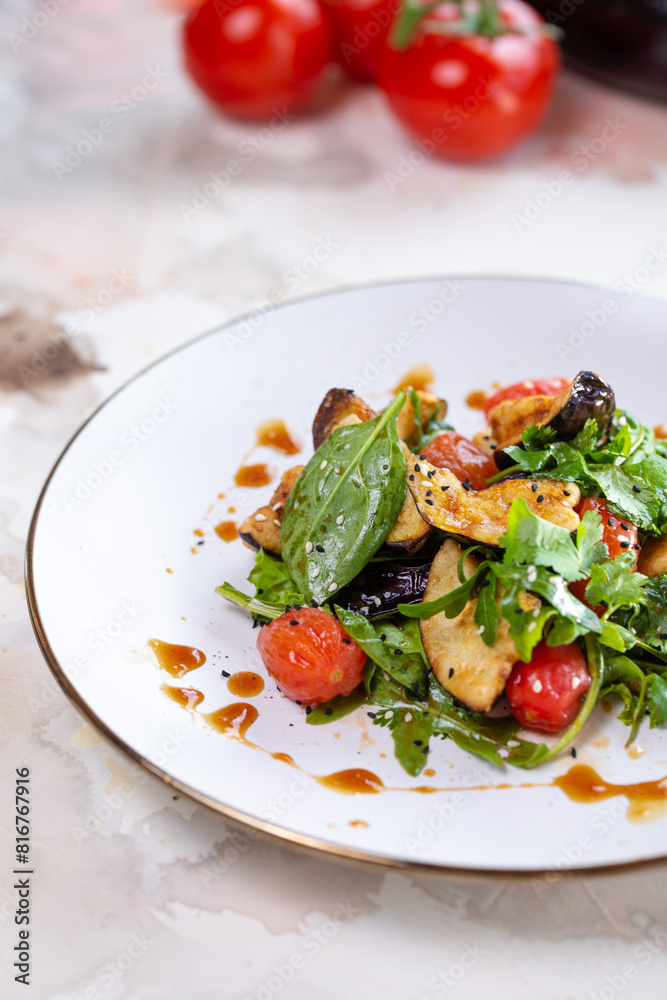 Grilled Eggplant and Spinach Salad with Juicy Tomatoes
