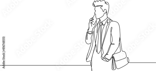continuous single line drawing of young businessman talking on phone, line art vector illustration