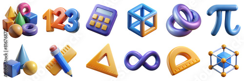 Mathematics 3D icons. Science Illustration - geometry figures, ruler, pencil, cube, calculator, pi symbol, infinity photo