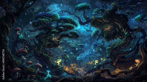 Enchanted Forest at Night  Mystical Trees  Luminous Fungi  Fantasy Landscape