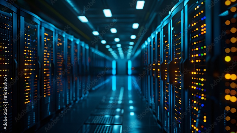 Abstract technology background. Rows of server racks with bright lights in futuristic data center Abstract technology background. Rows of server racks with bright lights in futuristic data center