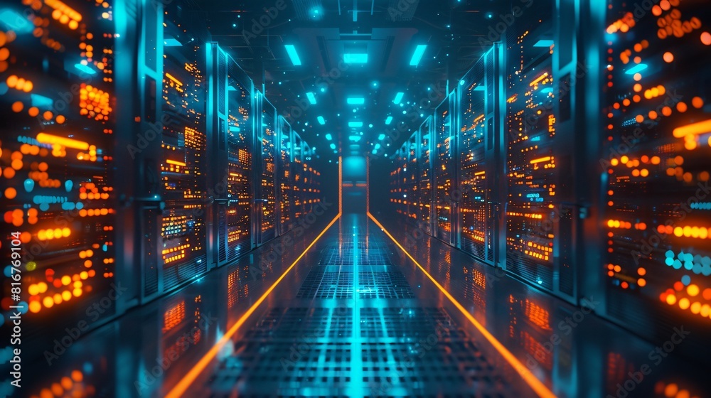 Abstract technology background. Server room with rows of rack-mounted servers. Blue and orange colors. Abstract technology background. Server room with rows of rack-mounted servers. Blue and orange colors.