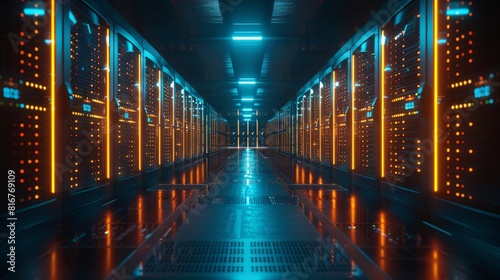 Abstract technology background. Server room with rows of rack-mounted servers lit by bright orange lights.