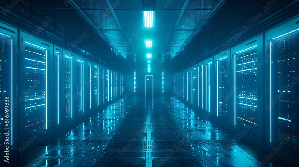 Blue neon lights in futuristic sci-fi tunnel.