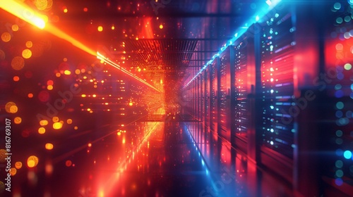 Abstract technology background. Server room with supercomputers and futuristic technology.