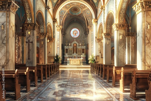 A serene image of an empty church with beautiful stained glass window. Perfect for religious or spiritual themed designs