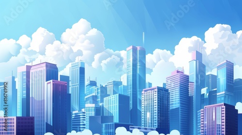 Detailed modern illustration of a skyscraper building in a city with a cityscape and clouds in the background. Affordable condos in a metropolis downtown district.