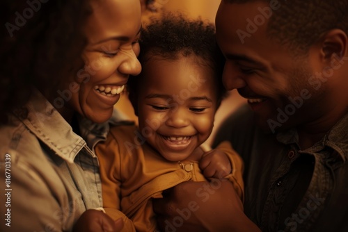 A black man and woman joyfully smile while holding their baby in an indoor setting, illuminated by a warm glow