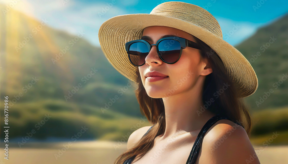 Portrait of a woman wearing a straw hat and sunglasses on the beach, the concept of summer holiday, travel and leisure Portrait of a woman wearing a straw hat and sunglasses on the beach, the concept of summer holiday, travel and leisure