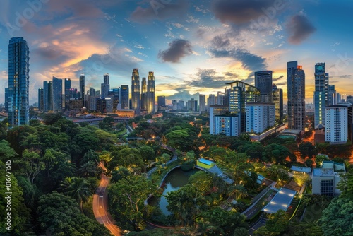 A panoramic view of Singapores skyline at dusk, showcasing vibrant skyscrapers and bustling streets below the twilight sky photo