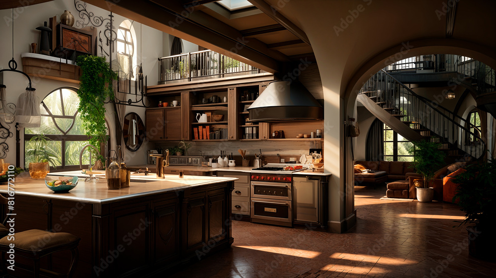 Beautiful kitchen in new luxury home. Features large island, pendant lights, and hardwood floors Beautiful kitchen in new luxury home. Features large island, pendant lights, and hardwood floors