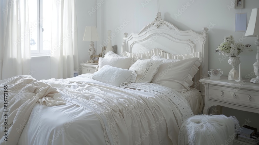 Obraz premium Bright and Airy Bedroom with White Decor and Natural Light, Modern Minimalist Style, Perfect for Home Decor Inspiration and Lifestyle Blogs
