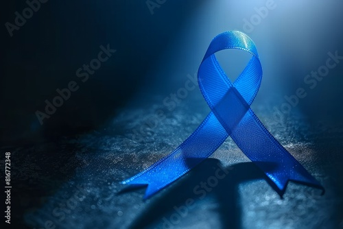 A blue awareness ribbon symbolizing colon cancer awareness being illuminated by a beam of light photo