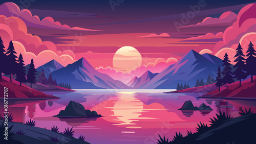 Majestic purple sunset over mountain lake vector cartoon illustration. Serene twilight with vibrant colors and reflection on water.