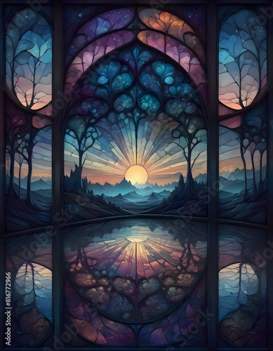 Tranquil mystical landscape depicted in ornate gothic style stained glass window, Generative AI.