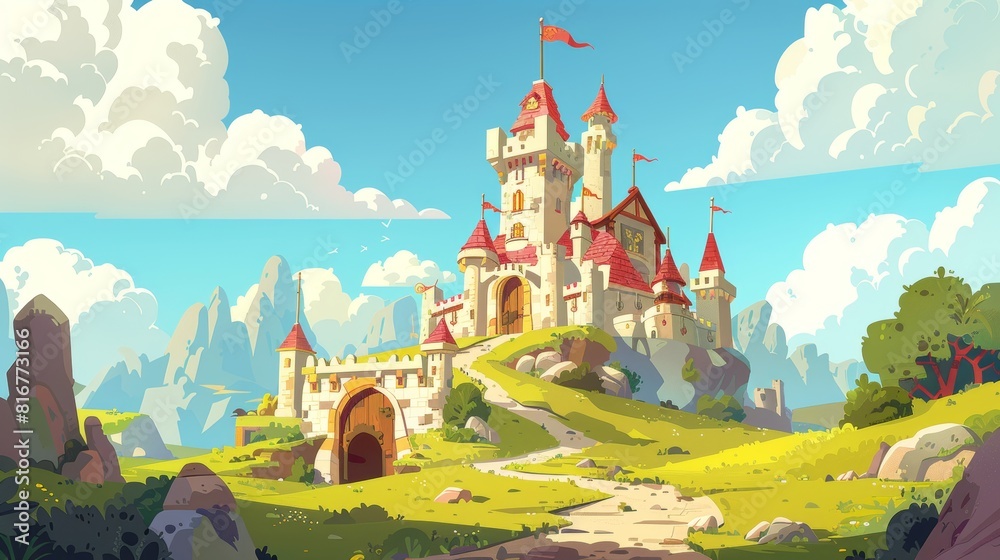 Cartoon modern illustration of fairytale medieval royal castle on natural landscape. Princess tower with flag and path to wooden gate. King building standing on meadow. Cartoon modern illustration of fairytale medieval royal castle on natural landscape. Princess tower with flag and path to wooden gate. King building standing on meadow.