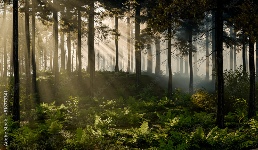 Fototapeta premium On a sunny morning in the forest, the first rays of sunlight hit the ground - 3d illustration