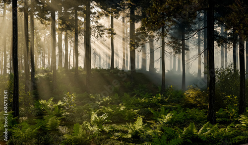 On a sunny morning in the forest  the first rays of sunlight hit the ground - 3d illustration