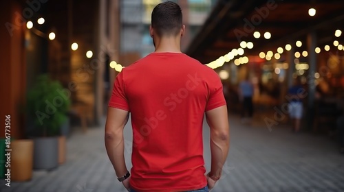 A man wearing red blank t shirt back side