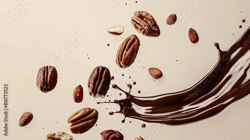 Nuts and chocolate splash, food dessert and confectionery industry photo