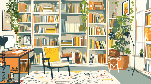 Modern interior home library bookshelves workplace ha