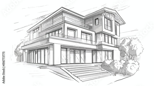 Modern private residential house. Hand drawn contour