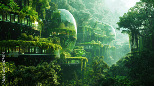 Green futuristic city of future. Eco living  hanging gardens. Urbanism architecture landscape. Generative AI