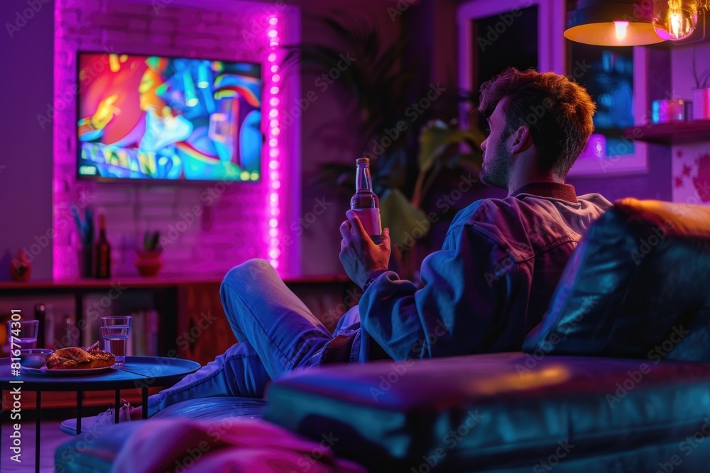 A man sitting on a couch in front of a television. Suitable for lifestyle and entertainment concepts A man sitting on a couch in front of a television. Suitable for lifestyle and entertainment concepts