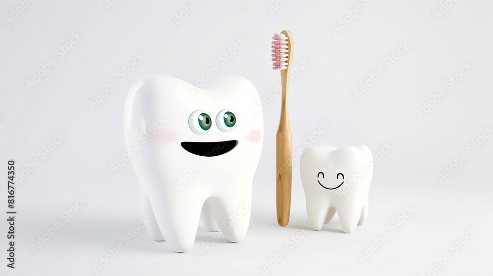 Happy 3D Cartoon Tooth with Toothbrush on White Background. Suitable for use in dental themes, oral hygiene educational materials, and toothpaste advertisements for kids. Happy 3D Cartoon Tooth with Toothbrush on White Background. Suitable for use in dental themes, oral hygiene educational materials, and toothpaste advertisements for kids.