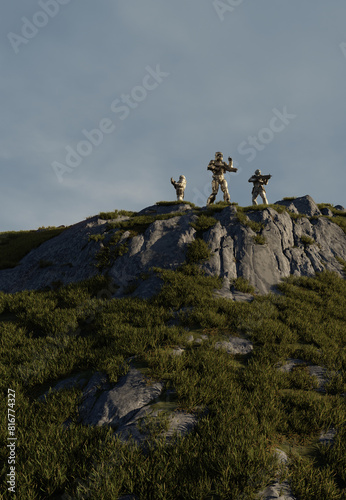 Future Marine Soldiers Scouting a Rocky Hill on an Alien World, 3d digitally rendered science fiction illustration
