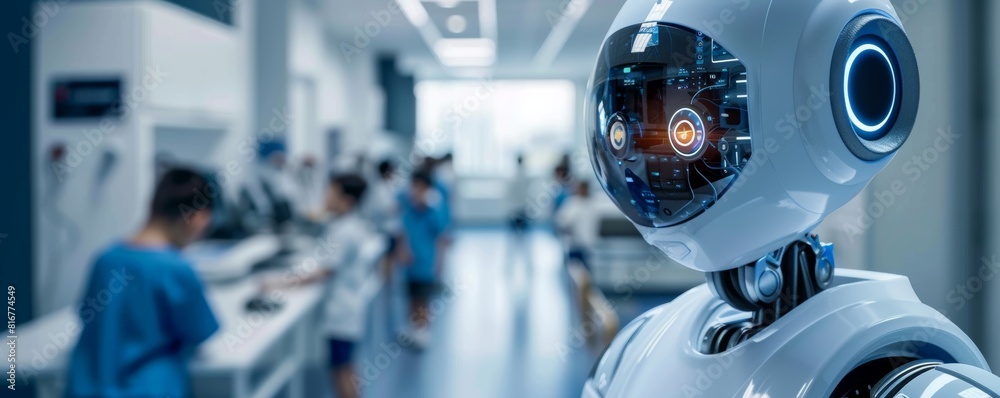 Robot nurse monitors children s health in a school clinic, selective focus, preventive care theme, futuristic, Overlay, school infirmary