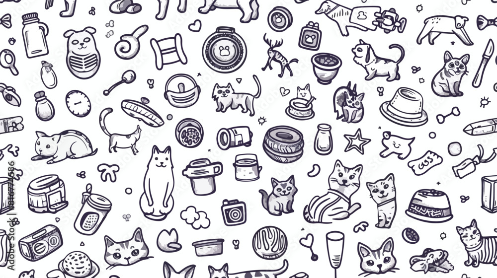 Monochrome seamless pattern with domestic animals and