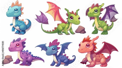 An illustration collection of fantasy dragon baby cartoons with wings. A collection of magical flying characters for fairy tales or scary illustrations. An illustration collection of dinosaurs with