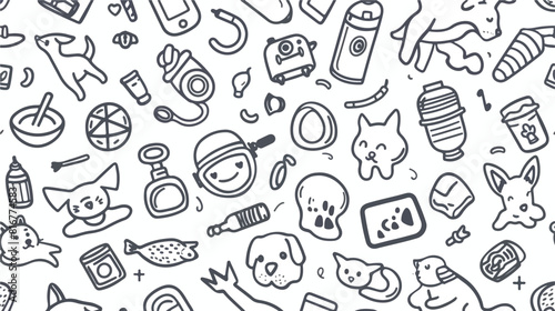 Monochrome seamless pattern with domestic animals and