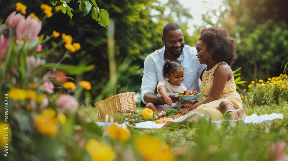 african american family eating and cooking at a garden barbecue - Concept of happiness with young people at home enjoying food together