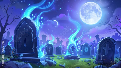 Enchanted Cemetery at Night with Glowing Spirits and Full Moon