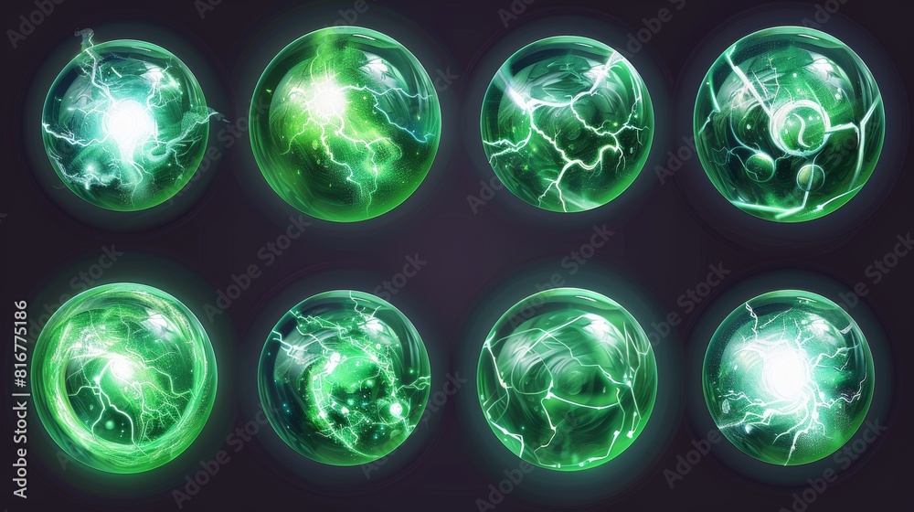 The magic energy effect ball, crystal orb power icon. Fantasy lava fireball. Witch lightning electric element. Green fortune abstract bubble with plasma for toxic spell 2d UI set. The magic energy effect ball, crystal orb power icon. Fantasy lava fireball. Witch lightning electric element. Green fortune abstract bubble with plasma for toxic spell 2d UI set.