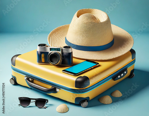 A suitcase with summer holiday travel accessories, the concept of travel and leisure