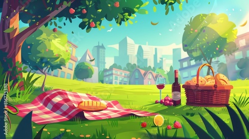 Cartoon illustration of summer picnic in town garden with wicker basket, bread and snack, fruits and berries, bottle of wine, and blanket on grass near multistory buildings.