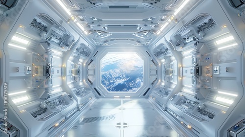 Fototapeta Naklejka Na Ścianę i Meble -  The interior of a white space station in the future is futuristic and sci-fi, with a futuristic door and window outside looking at planet earth, futuristic architecture. Generative AI.