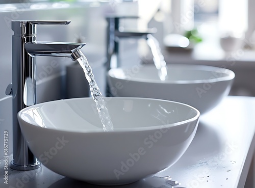 Close up of a modern white sink with faucet in a bathroom  focusing on water flowing from the tap into two bowls