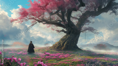 A samurai stands in a field of pink flowers beneath a large tree with outstretched branches.

 photo