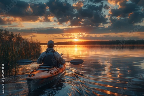 Quiet lakeside at sunset, where a kayaker paddles gently, merging with the calm and beauty of the surroundings focus on, sunset theme, futuristic, Composite, serene lake © tanapat