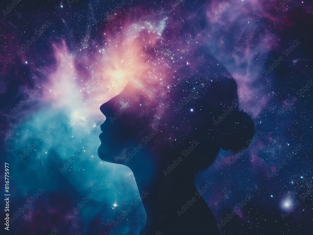Silhouette of a woman's head merged with a vibrant, colorful galaxy, symbolizing the connection between human consciousness and the universe