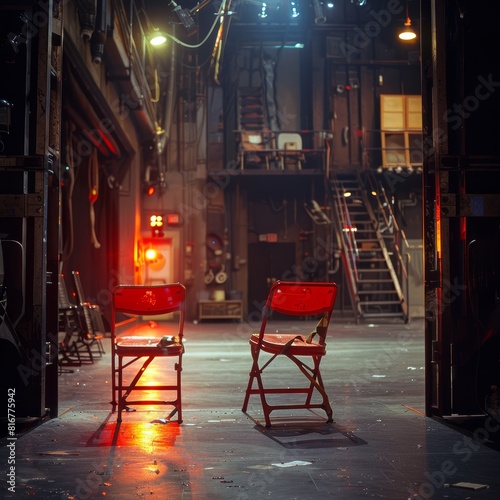 Quiet backstage area just before a theater play, capturing the anticipation and behindthescenes drama close up, theater theme, dynamic, Silhouette, backstage area