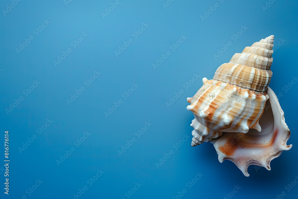 A detailed shot of a beautiful seashell on a solid blue background A detailed shot of a beautiful seashell on a solid blue background