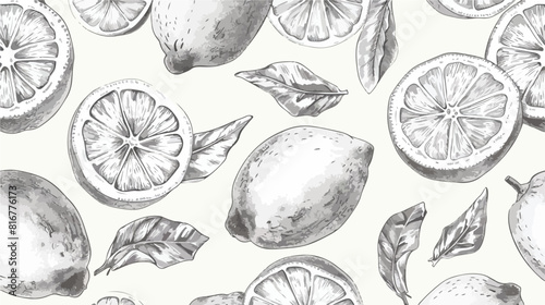 Natural seamless pattern with lemons whole and cut in