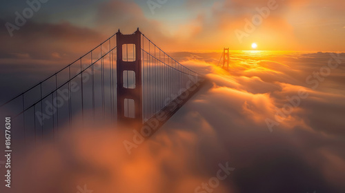 In the early hours of morning, the Golden Gate Bridge is enveloped in a golden haze as the sun rises behind the fog, casting long shadows over the mist-covered waters below. photo